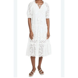 OPT Sundays Eyelet Cotton Midi Dress XS White Party Boho Cottage Peasant Easter